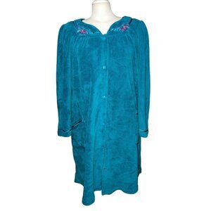 Vintage Rebecca Malone Blue Velour Floral Embroidered Sleep Nightgown Robe Sz XL